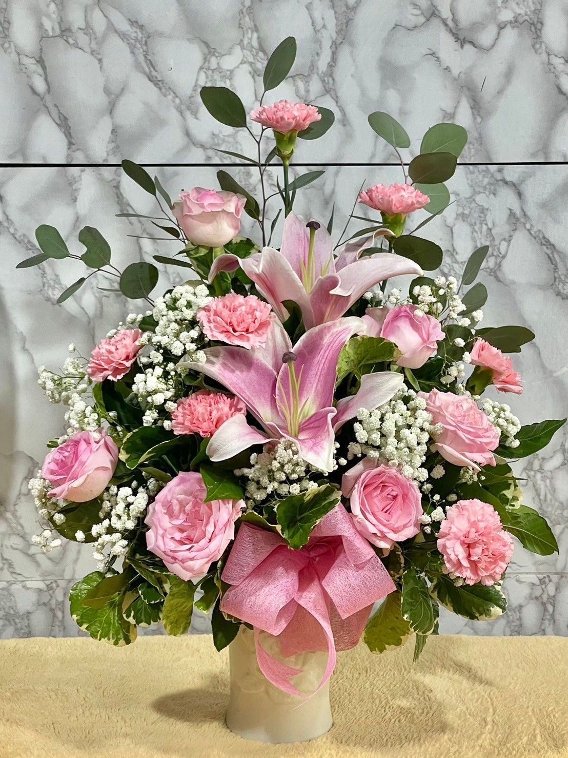 Pink lily and pink rose