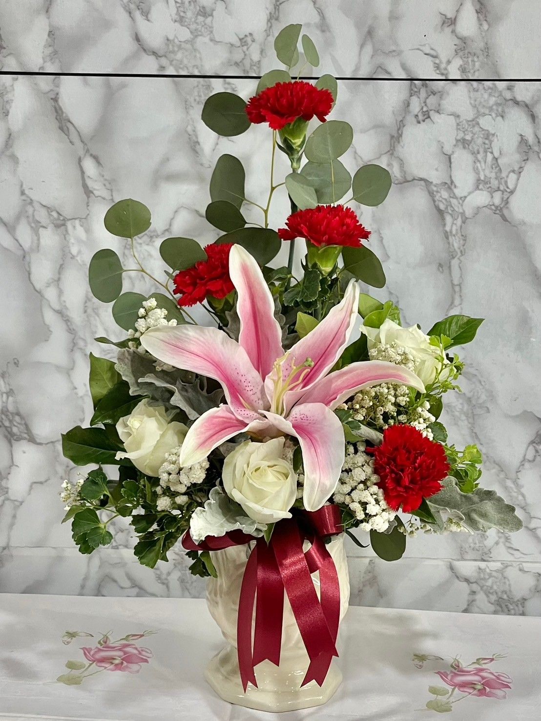 Pink lily and white rose