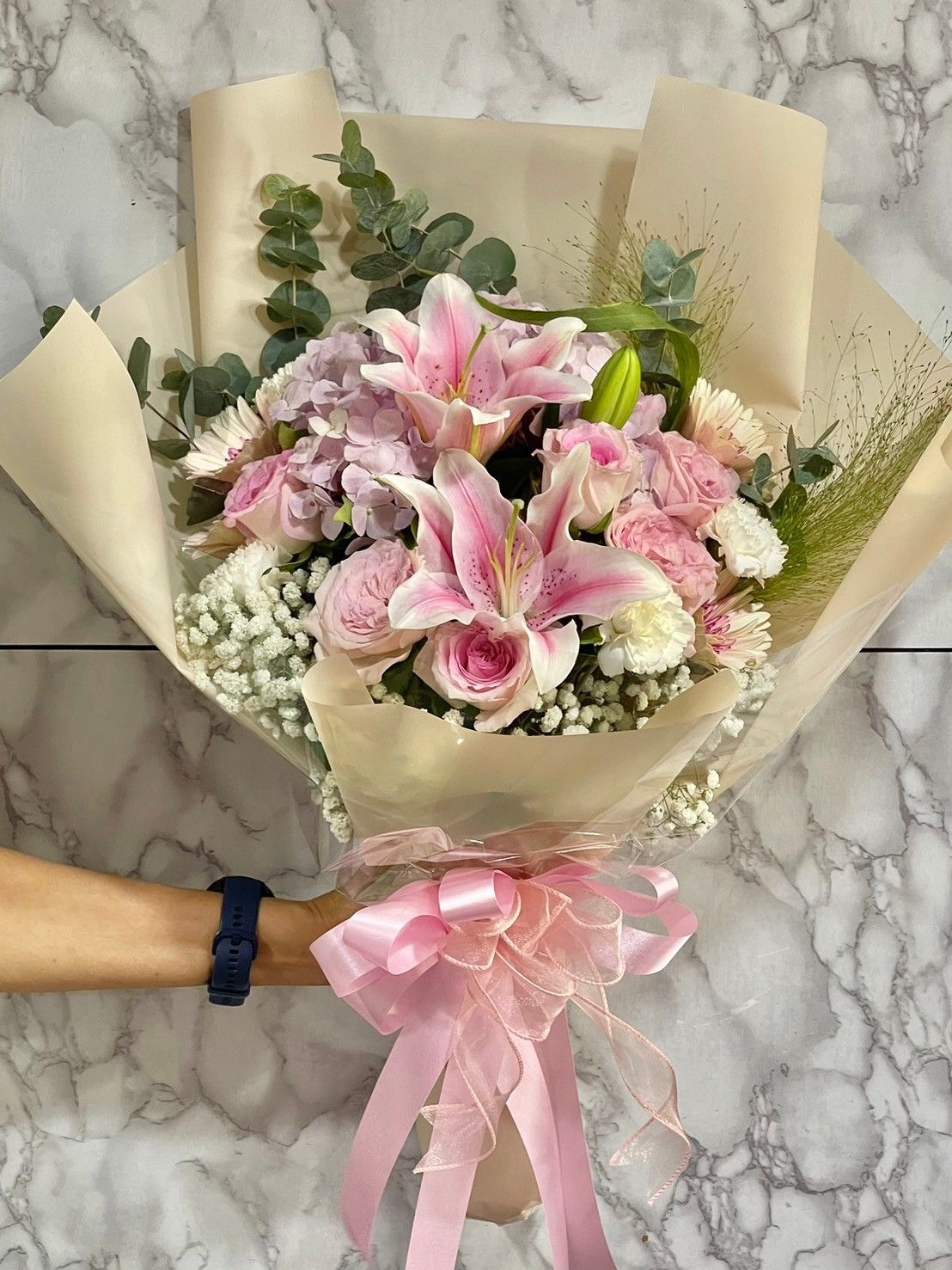 Pink flower with cream paper